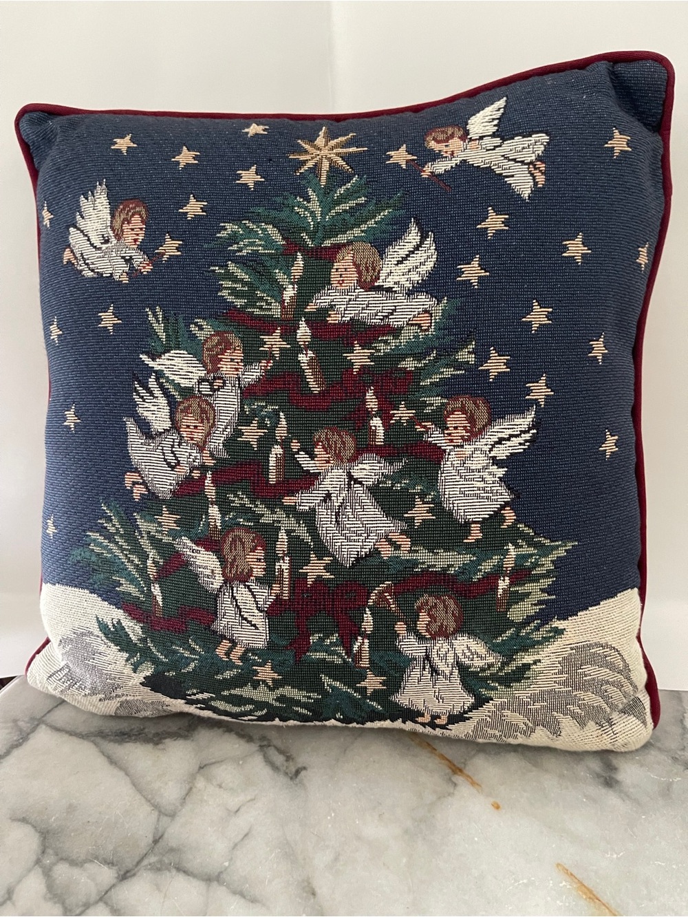 Fashion Christmas Tapestry Pillow in Blue, Gold, Christmas  Tree & Angels 15”